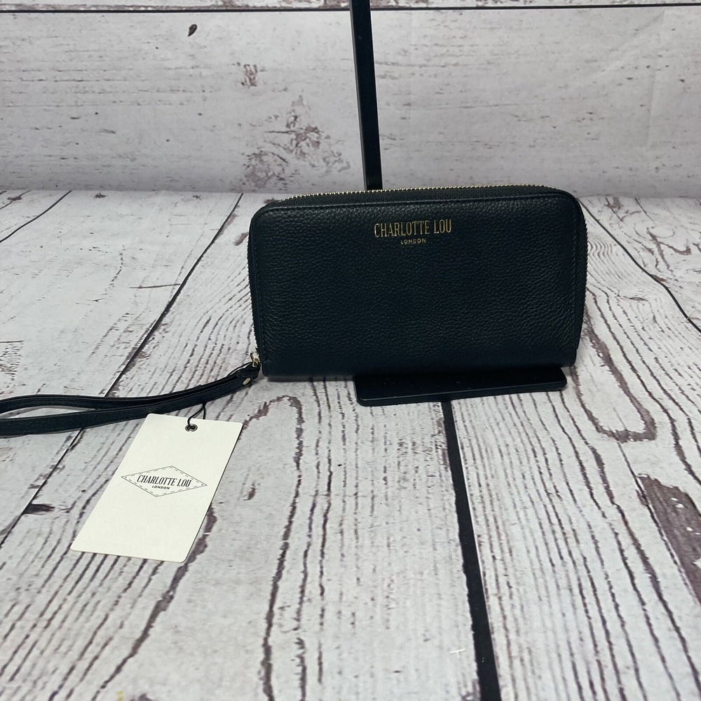 Charlotte Lou London Womens Black Full Grain Leather Zip Around Wristlet Wallet